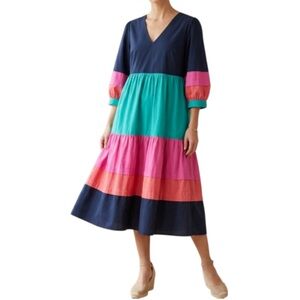 Aura Colorblock Tiered Cotton Midi
Dress Navy Pink Teal - Size Large